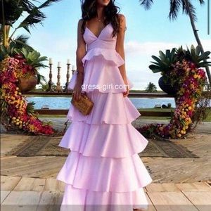 Chic A-line open back pink satin tiered dress